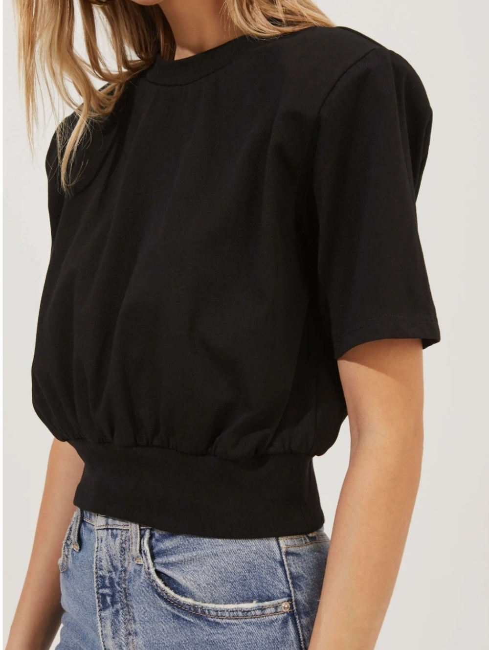 ASTR The Label Volume Shoulder Cropped Tee Black Padded Shoulder Waistband Top S - Picture 5 of 10